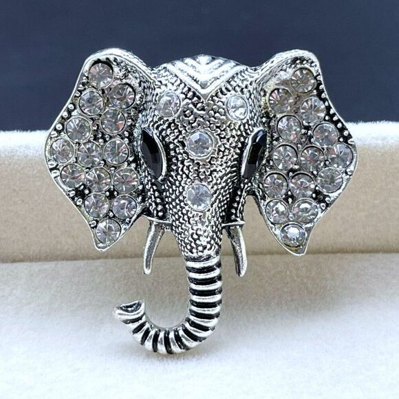 Silver with White Diamond and Black Onyx Crystal Elephant Pin Back Brooch - Picture 7 of 9